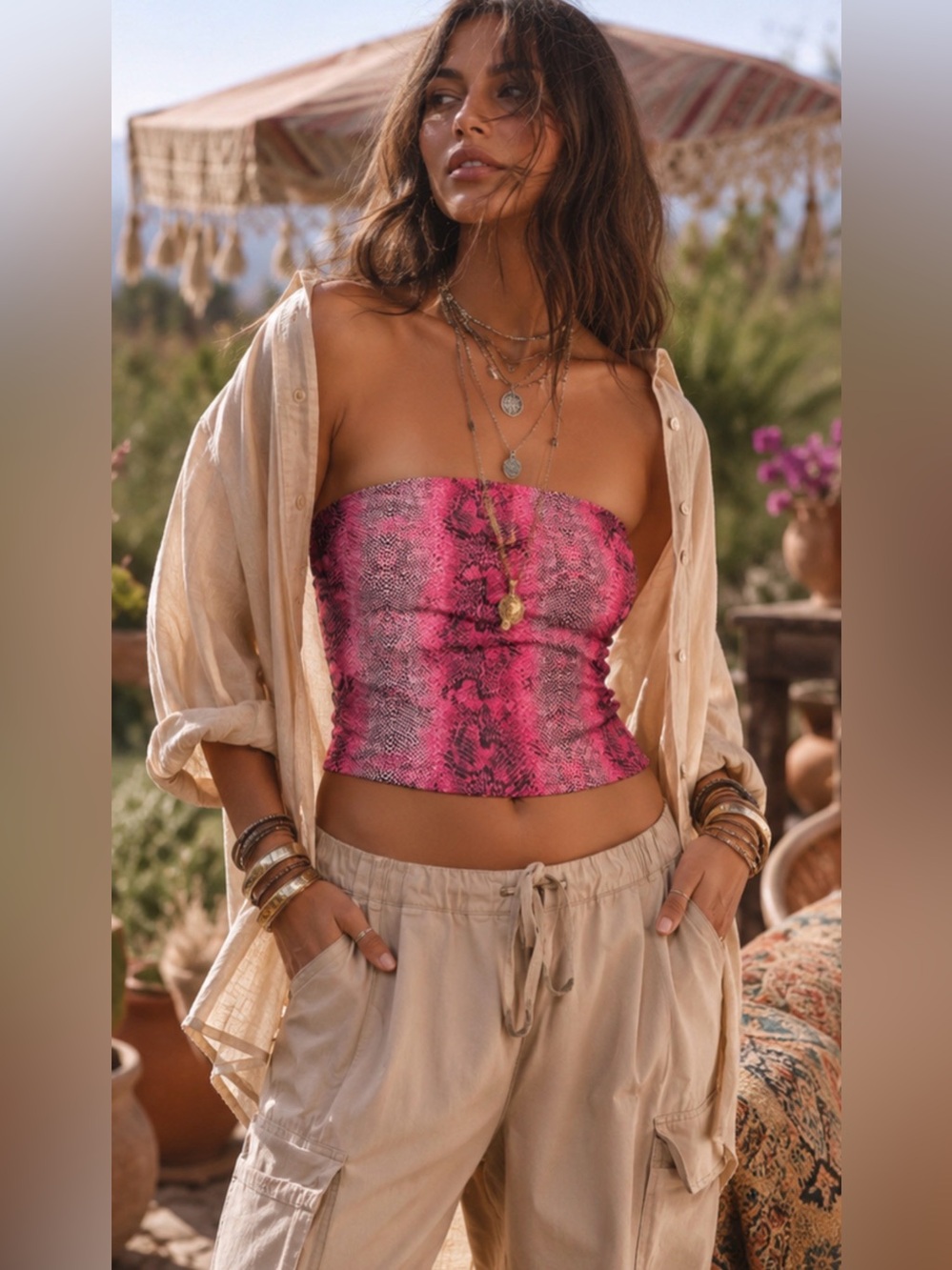 Pink Snake-Print Strapless Crop Top